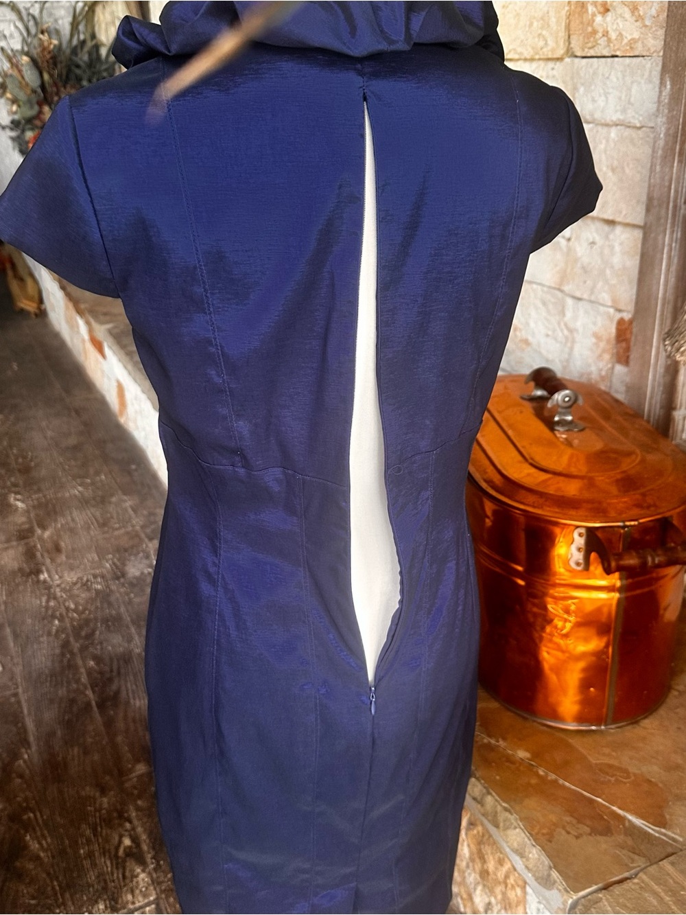 Navy Ruffle V-Neck Sheath Dress - Picture 5 of 6